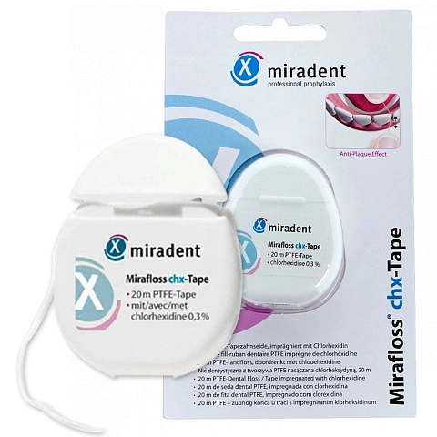 Ленточный флосс miradent Mirafloss chx-Tape, хлоргексидин 0,3% 20 м - изображение 1